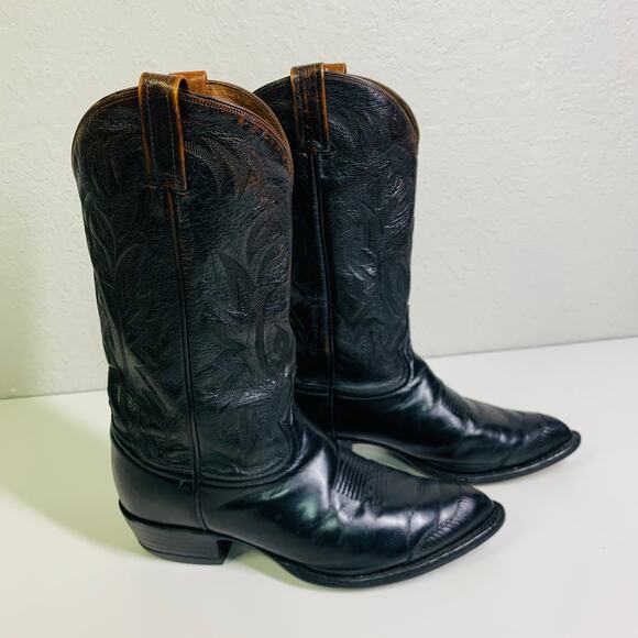 TONY LAMA‎ Boots Vintage 9.5 D Black Cowboy Calf Leather w/Lizard Wingtip CY3505 - Picture 4 of 9